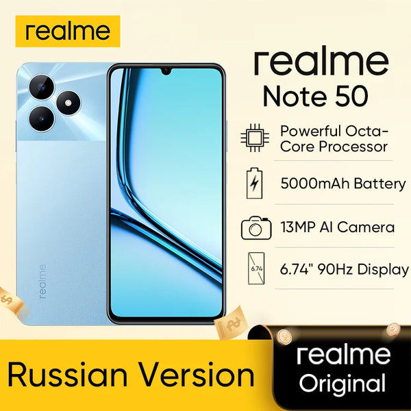 Smartphone Realme Note 50, Versão Russa, Resistência à Água e Poeira IP54, 5000mAh, 6,74 ", 90Hz, Processador Octa-Core, Impressão Digital de 13MP