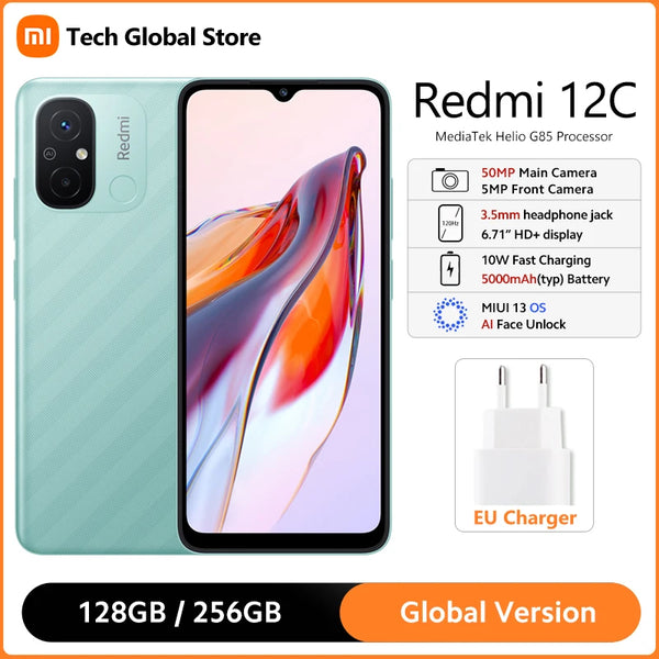 Xiaomi-Smartphone Redmi 12C, Versão Global, 6GB, 128GB, MediaTek Helio G85, Display HD + 6.71 ", Câmera Dupla 50MP AI, Bateria 5000mAh